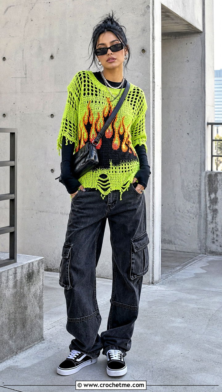 Distressed Crochet Fire Sweater With Cargo Jeans - 25 Crochet Fire Sweater outfit ideas