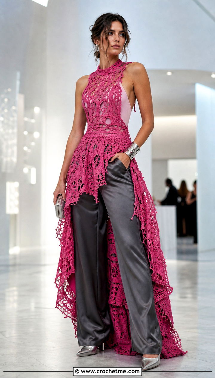Distressed Crochet High Low Dress With Satin Pants - 25 Distressed Crochet Dress outfit ideas