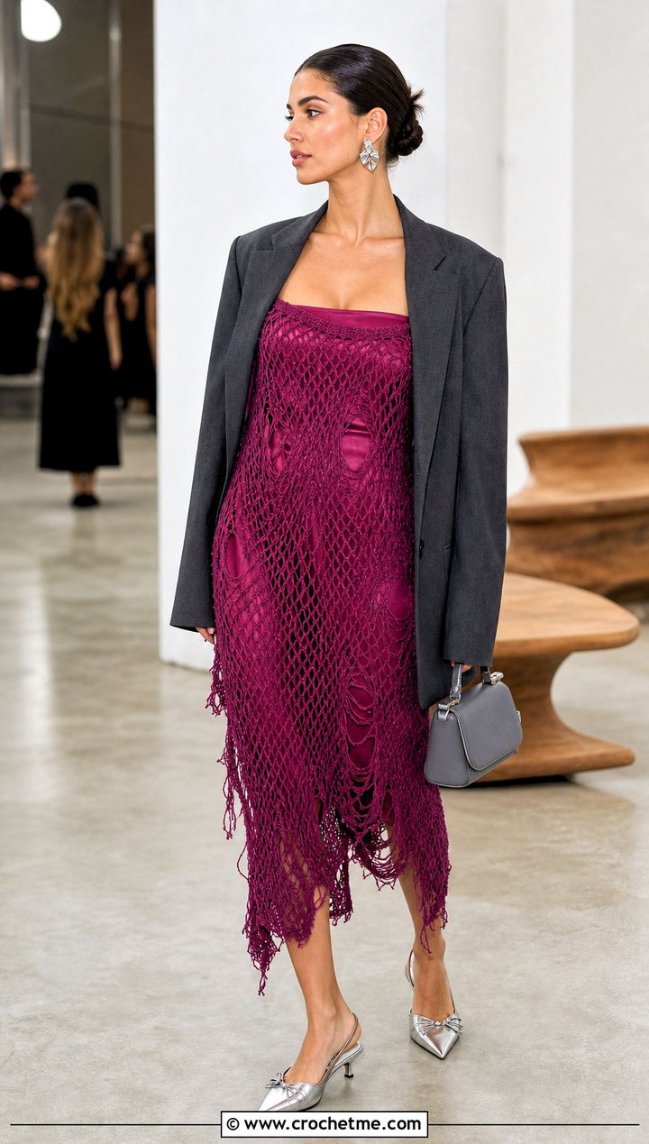 Distressed Crochet Off Shoulder Dress With Blazer - 25 Distressed Crochet Dress outfit ideas