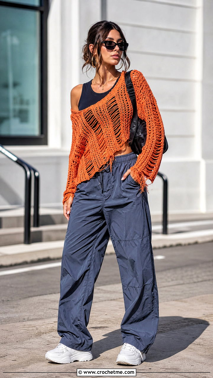 Distressed Crochet Oversized Sweater With Parachute Pants - 35 crochet oversized sweater outfit ideas