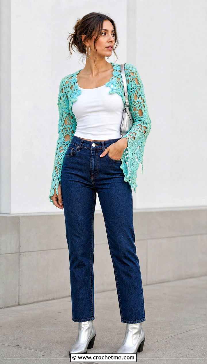 Distressed Crochet Shrug Top With Tank And Jeans - 35 Distressed Crochet Top outfit ideas