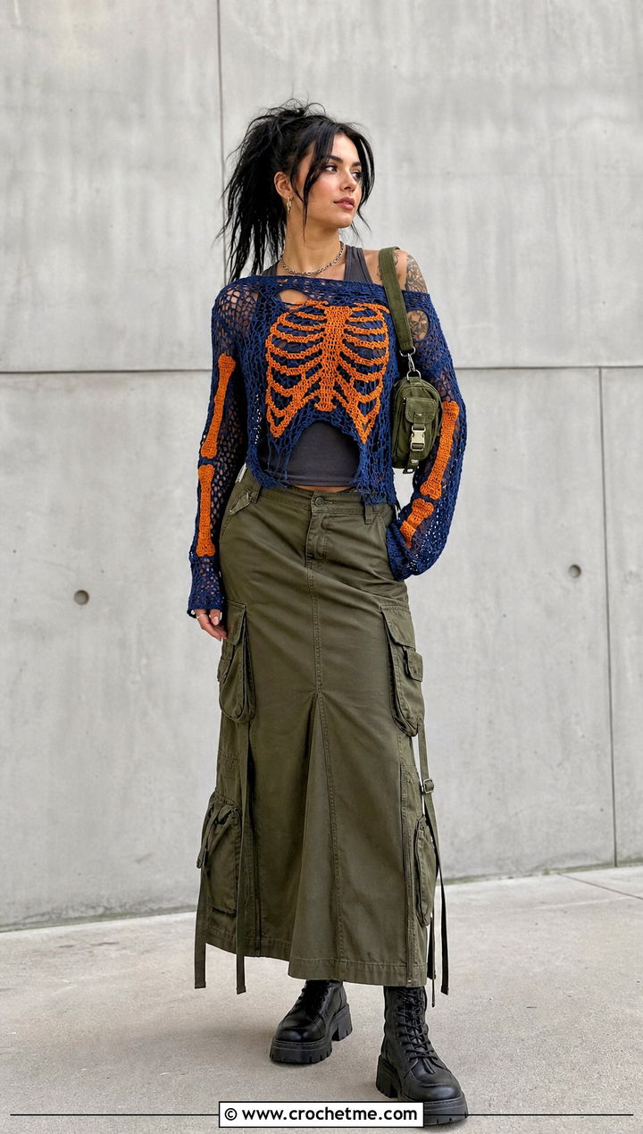 Distressed Crochet Skeleton Sweater With Cargo Maxi Skirt - 30 Crochet Skeleton Sweater outfit ideas