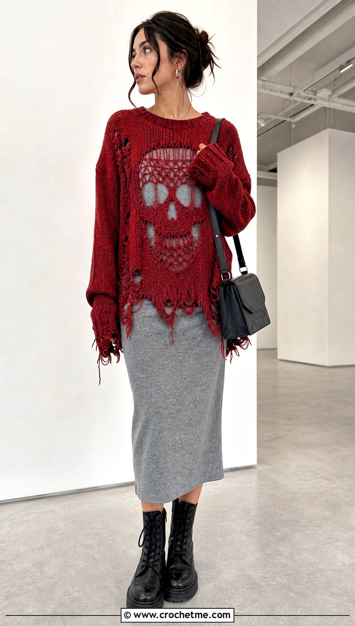 Distressed Crochet Skull Sweater With Layered Midi Dress - 35 crochet skull sweater outfit ideas