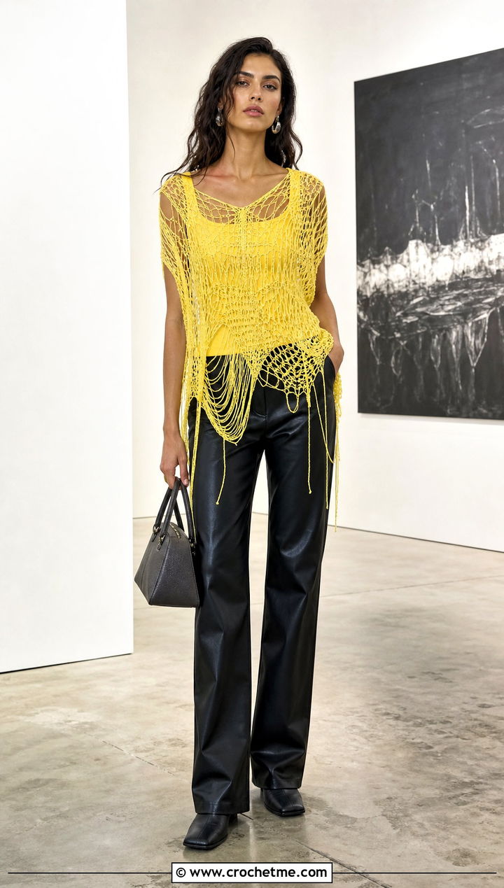 Distressed Crochet Subversive Top With Leather Pants - 15 Crochet Subversive Top outfit ideas