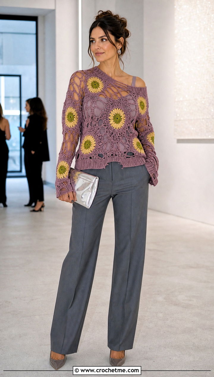 Distressed Crochet Sunflower Sweater With Tailored Suit Pants - 35 crochet sunflower sweater outfit ideas