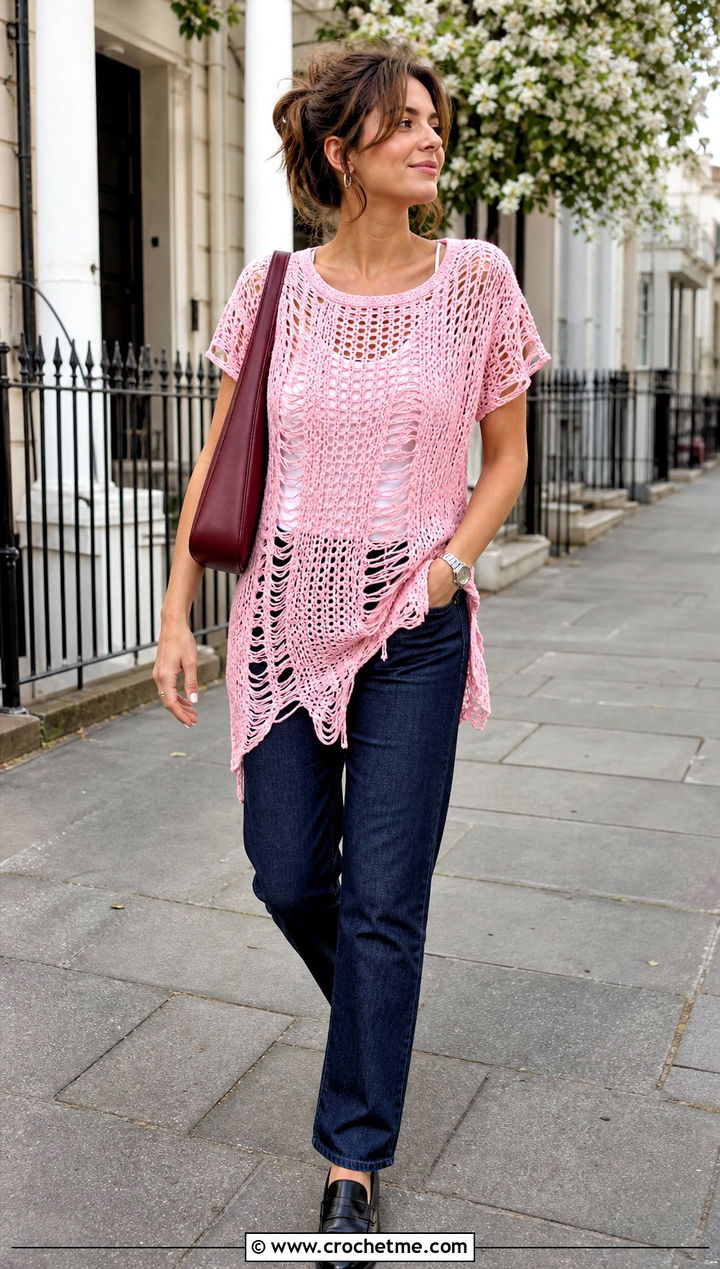 Distressed Crochet T Shirt Dress With Straight Leg Jeans - 25 Distressed Crochet Dress outfit ideas