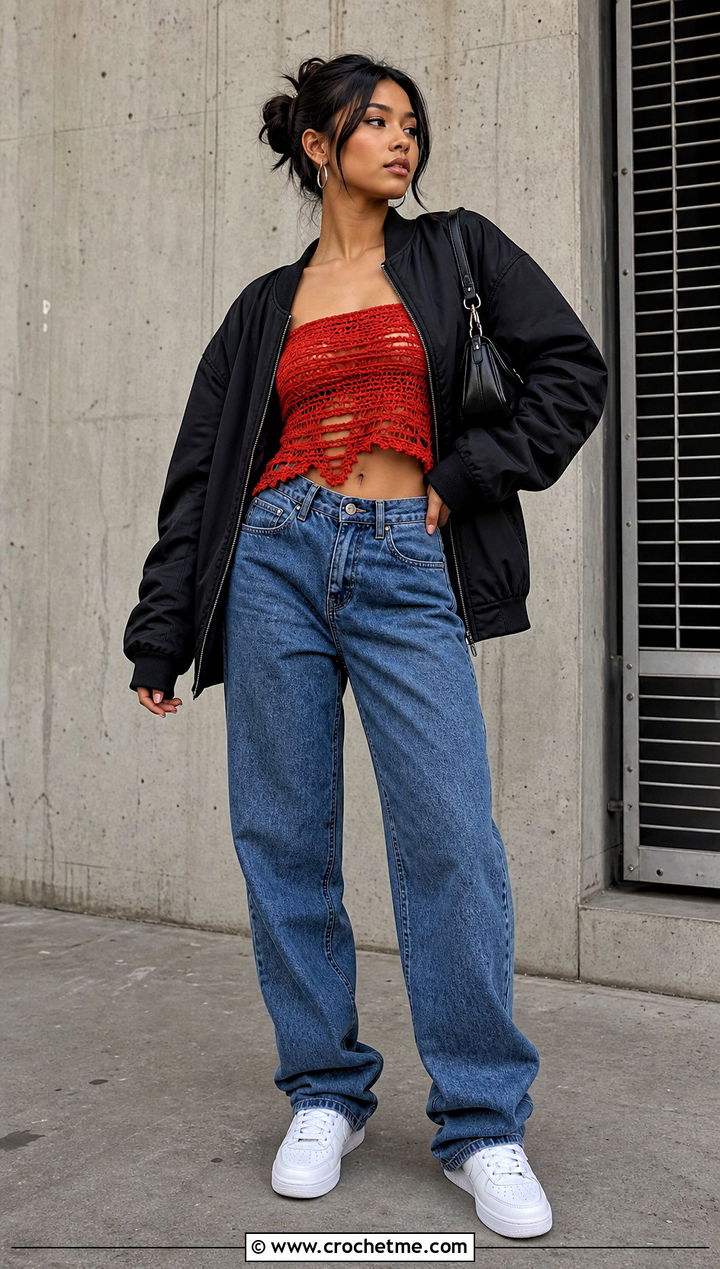 Distressed Crochet Tube Top With Oversized Bomber Jacket - 35 Distressed Crochet Top outfit ideas