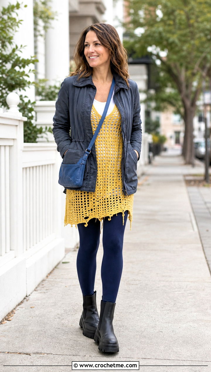 Distressed Crochet Tunic Dress With Leggings - 25 Distressed Crochet Dress outfit ideas