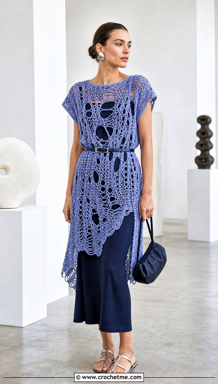 Distressed Crochet Tunic Top Over A Slip Dress - 35 Distressed Crochet Top outfit ideas