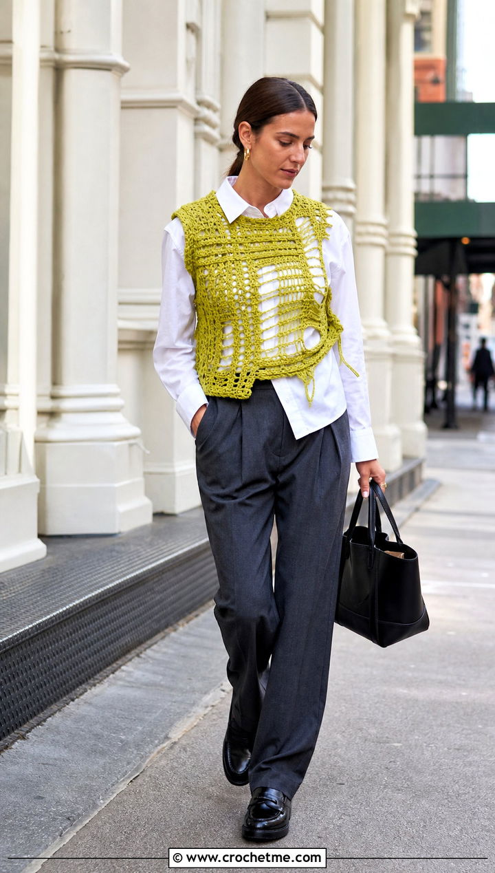 Distressed Crochet Vest Top Over A Button Down Shirt - 35 Distressed Crochet Top outfit ideas