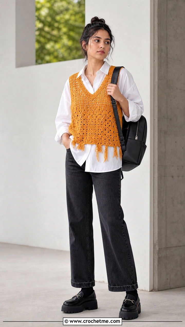 Distressed Crochet Vest With White Shirt - 35 Crochet Grunge Clothes and outfit ideas