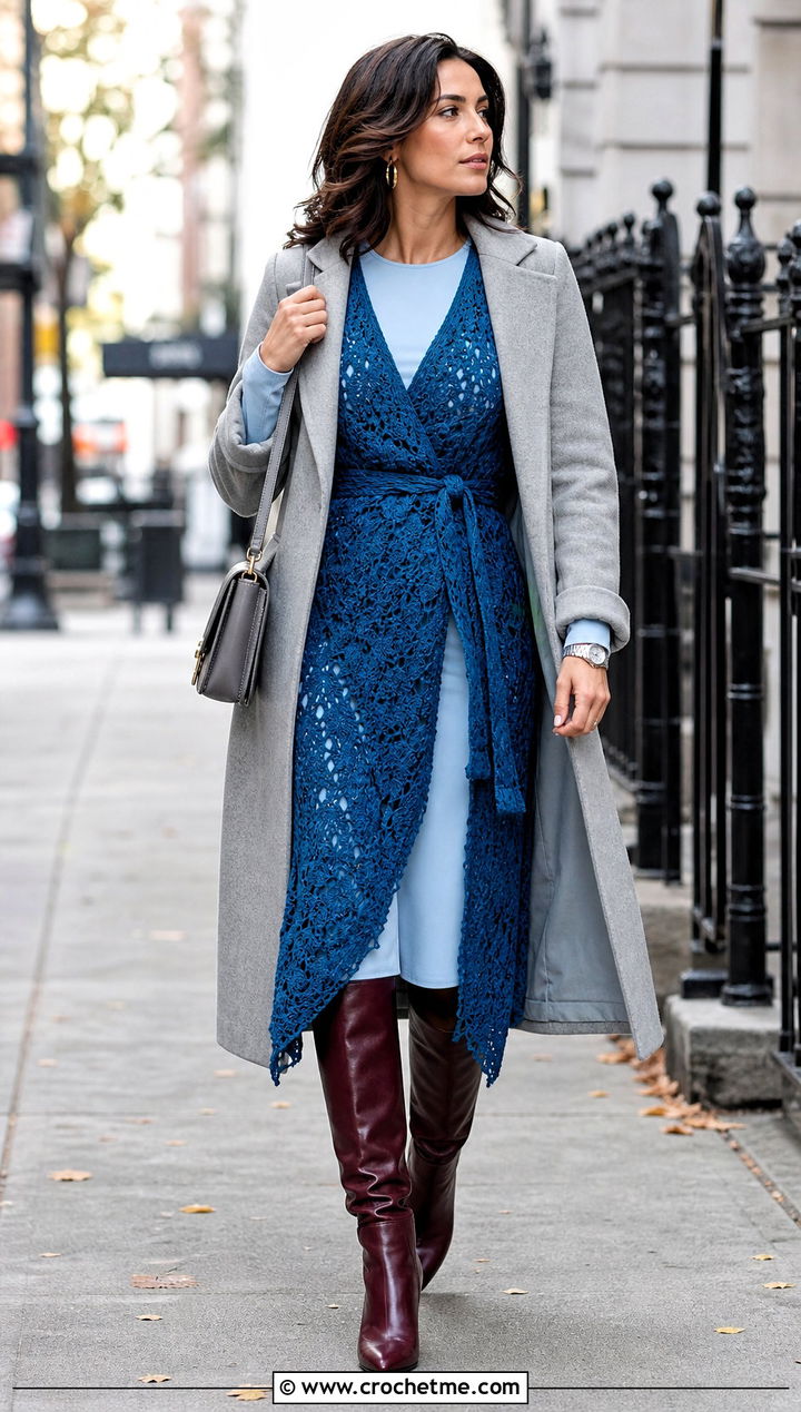 Distressed Crochet Wrap Dress With Knee High Boots - 25 Distressed Crochet Dress outfit ideas