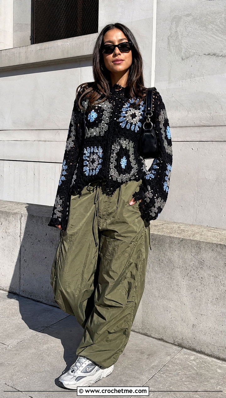 Distressed Edge Black Granny Square Sweater With Parachute Pants - 25 black granny square sweater outfit ideas