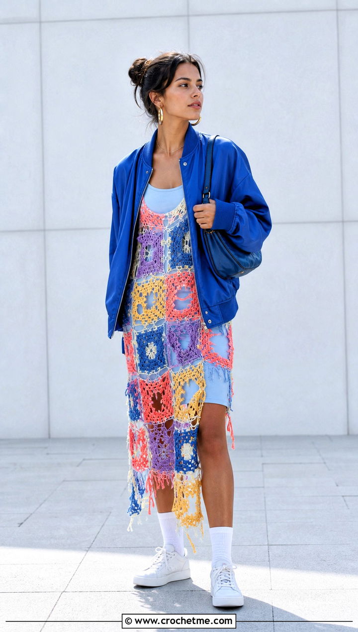 Distressed Granny Square Dress With Bomber Jacket - 25 Distressed Crochet Dress outfit ideas