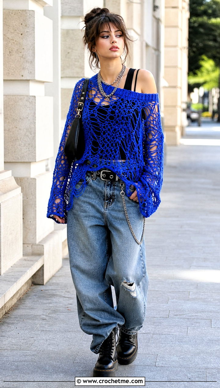 Distressed Mesh Crochet Grunge Sweater With Baggy Jeans - 30 crochet grunge sweater outfit ideas