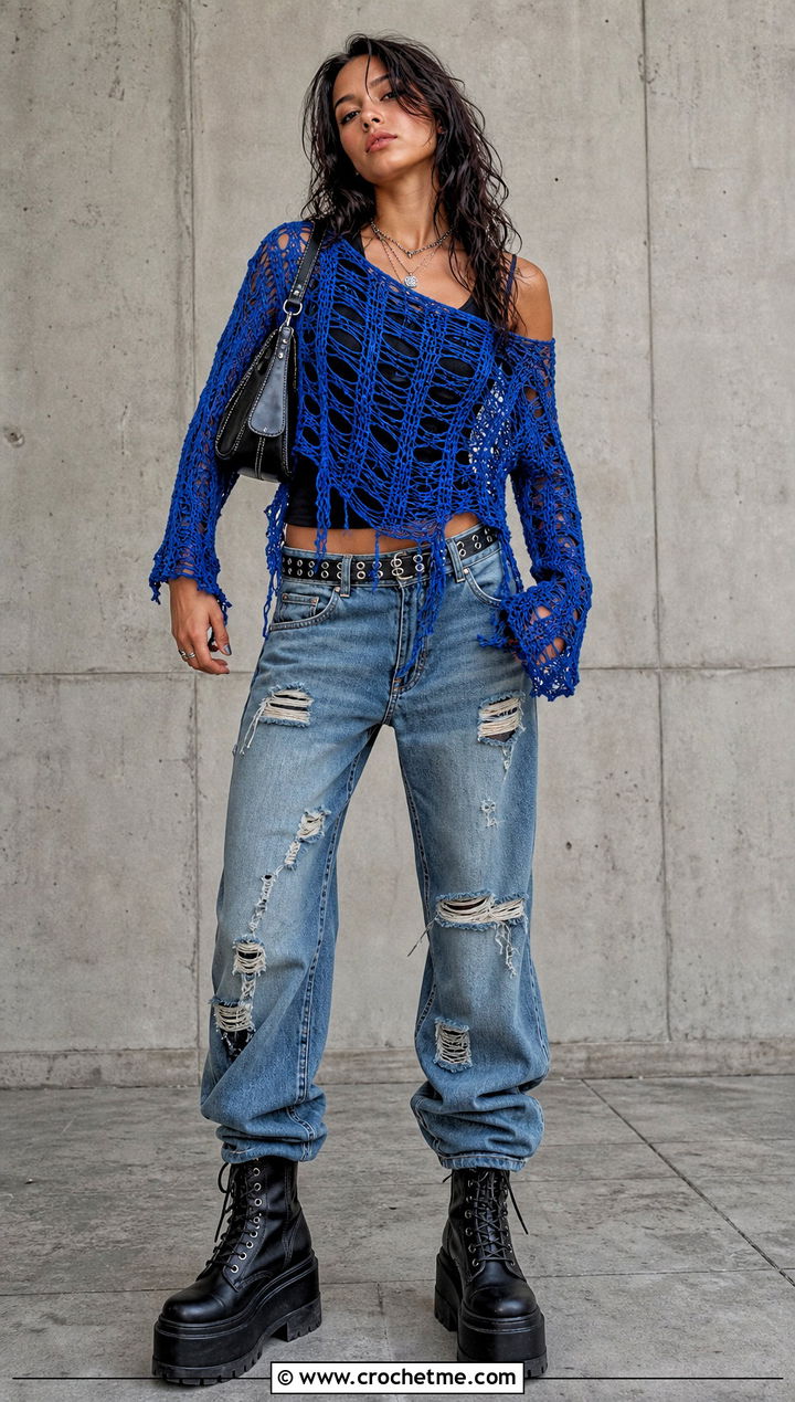 Distressed Mesh Crochet Grunge Top With Ripped Jeans - 30 crochet grunge top outfit ideas
