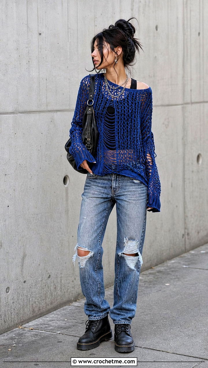 Distressed Mesh Crochet Sweater With Ripped Jeans - 25 grunge crochet clothes and outfit ideas