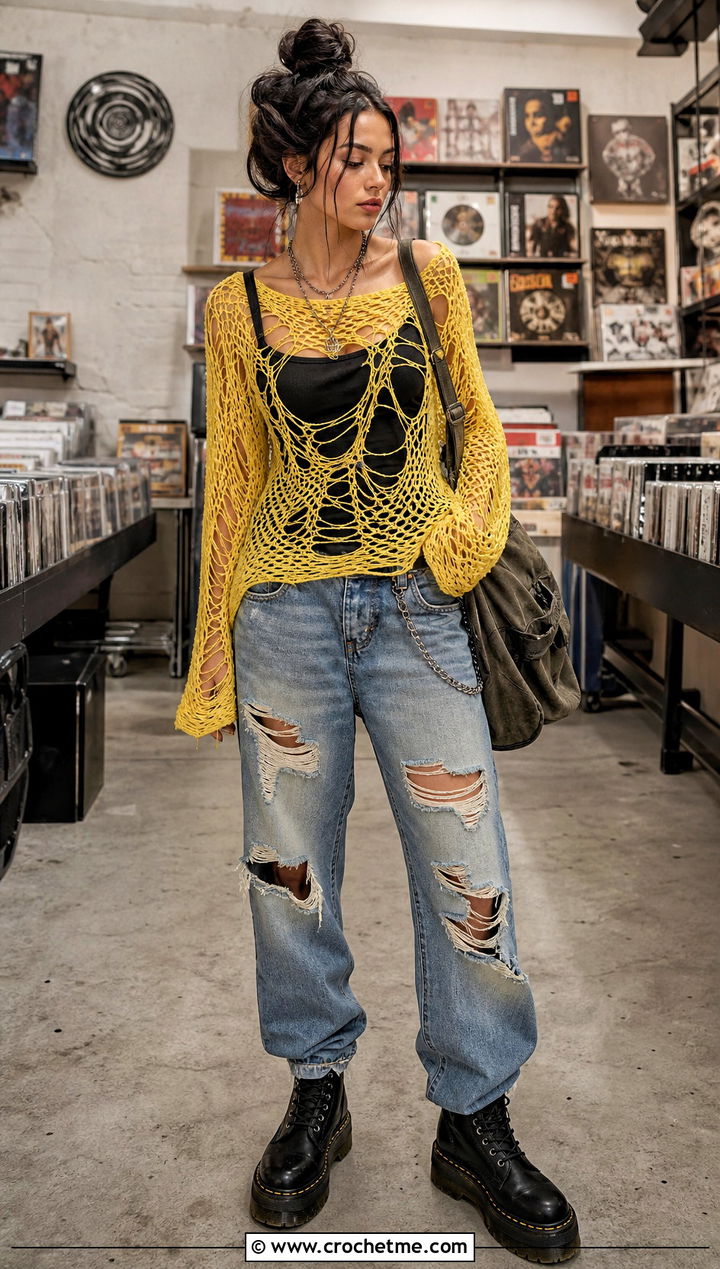 Distressed Mesh Crochet Top With Ripped Jeans - 35 grunge crochet top outfit ideas