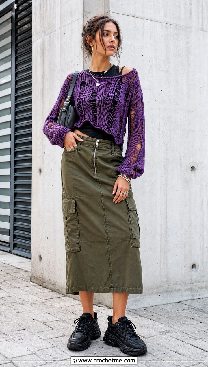 Distressed Ribbed Crochet Sweater With Utility Skirt - 25 Ribbed Crochet Sweater outfit ideas