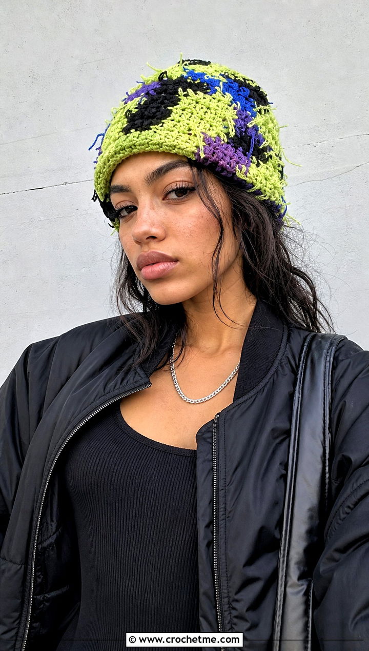 Distressed Scrap Yarn Crochet Beanie With Cargo Pants - 30 scrap yarn crochet beanie outfit ideas