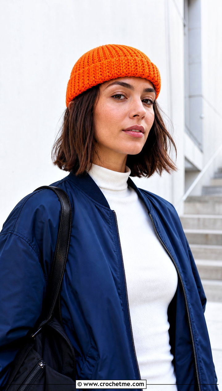 Docker Crochet Beanie With Bomber Jacket - 30 knit look crochet beanie outfit ideas
