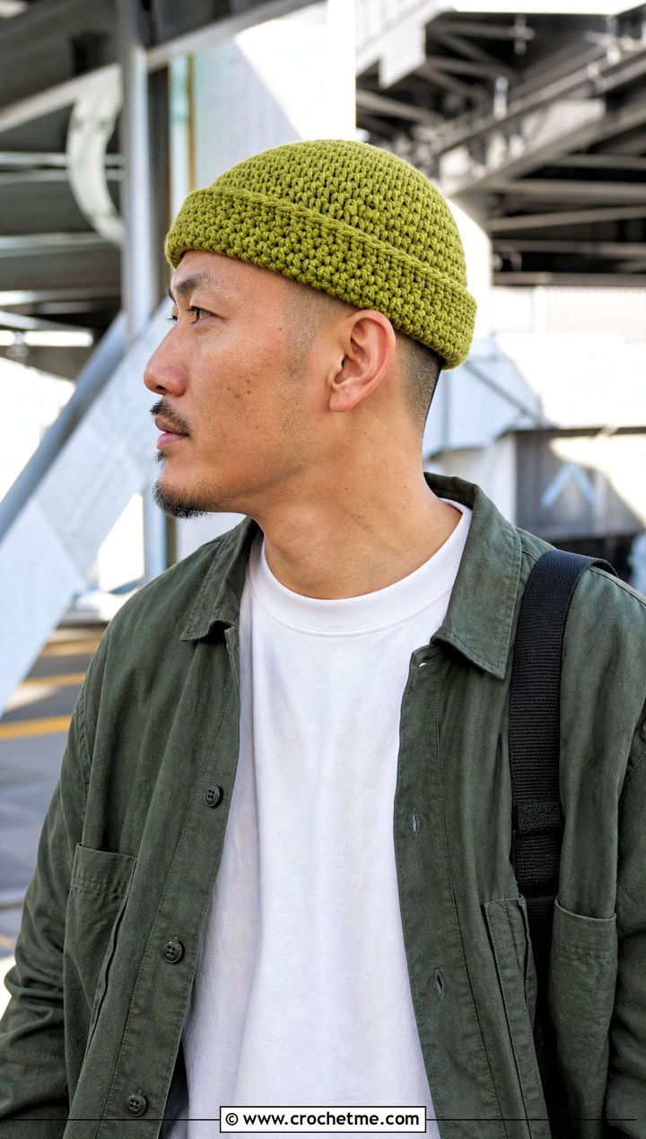 Docker Crochet Beanie With Utility Shirt - 25 crochet for men's beanies outfit ideas