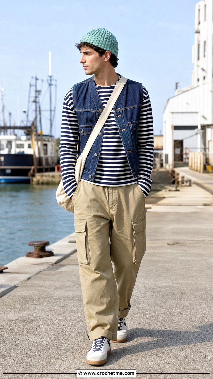 Dockworker Crochet Beanie With Denim Vest And Utility Trousers - 35 crochet hat men outfit ideas