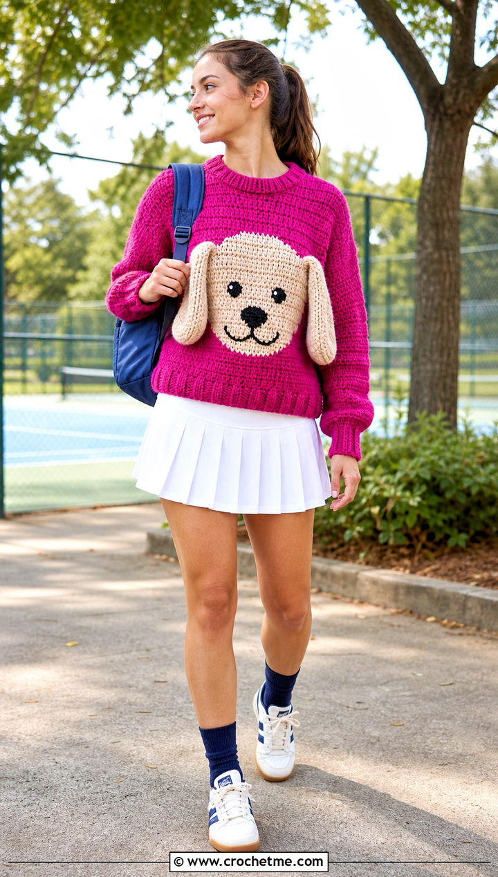 Dog Crochet Character Sweater With Tennis Skirt - 20 Crochet Character Sweater outfit ideas