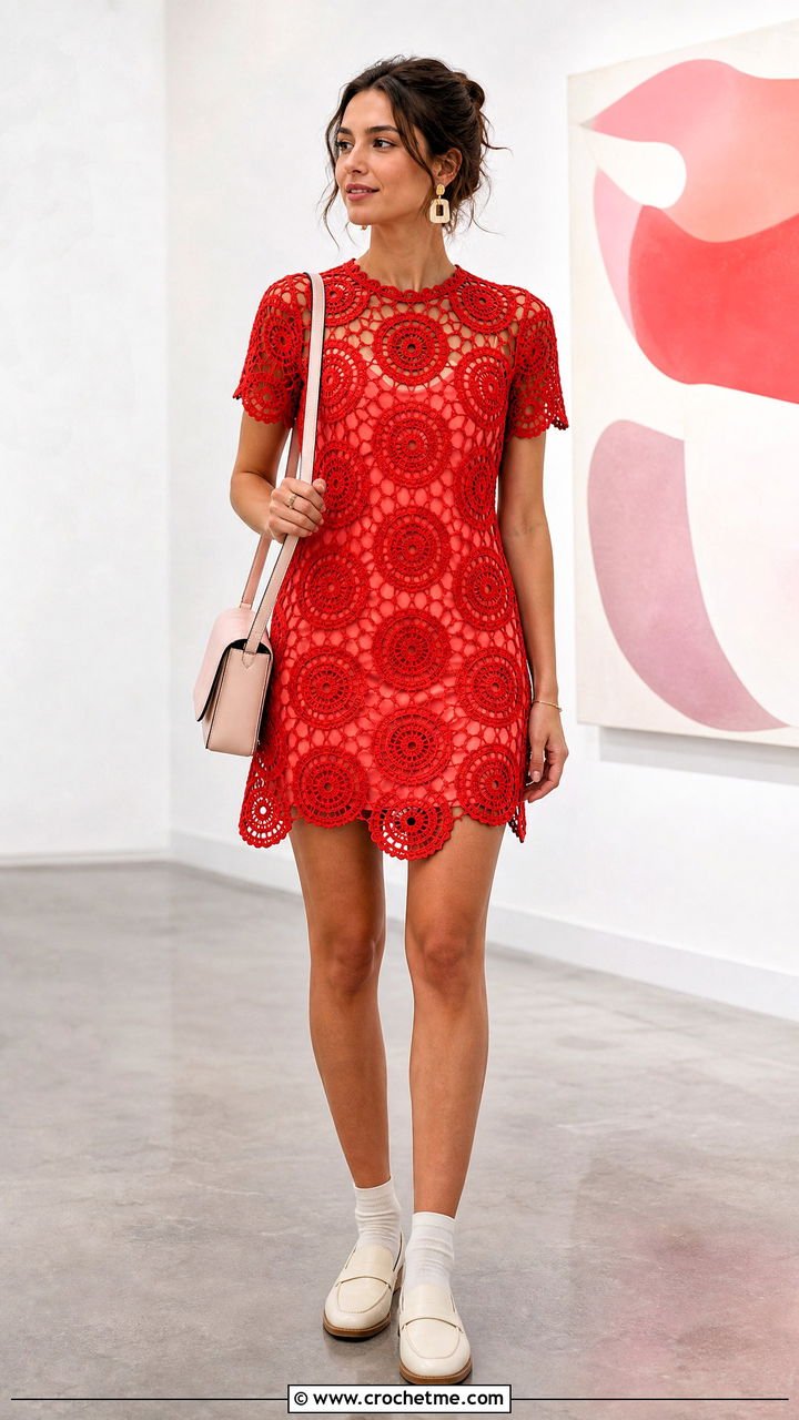 Doily Crochet Mini Dress With Leather Loafers - 35 crochet summer dress outfit ideas