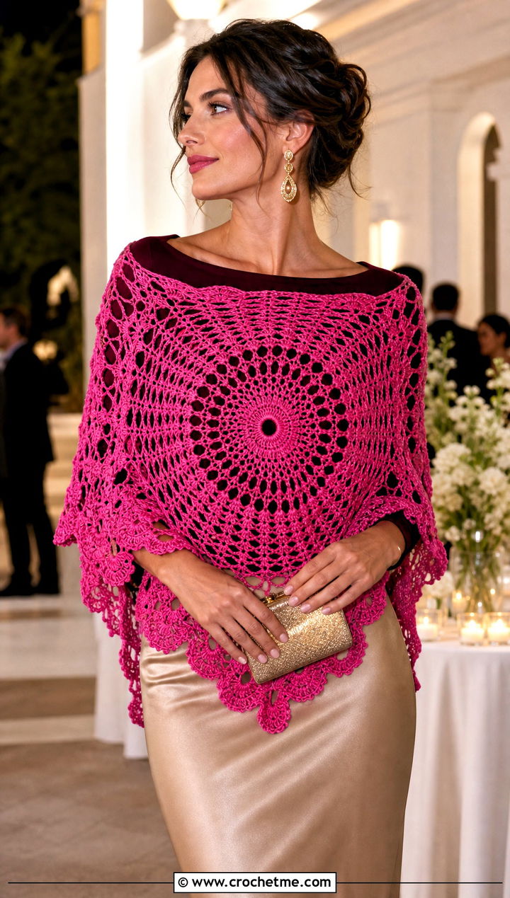 Doily Lace Circle Crochet Shawl With Satin Maxi Skirt - 20 Circle Crochet Shawl outfit ideas