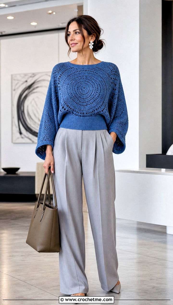 Dolman Circle Crochet Sweater With Pleated Trousers - 25 Circle Crochet Sweater outfit ideas