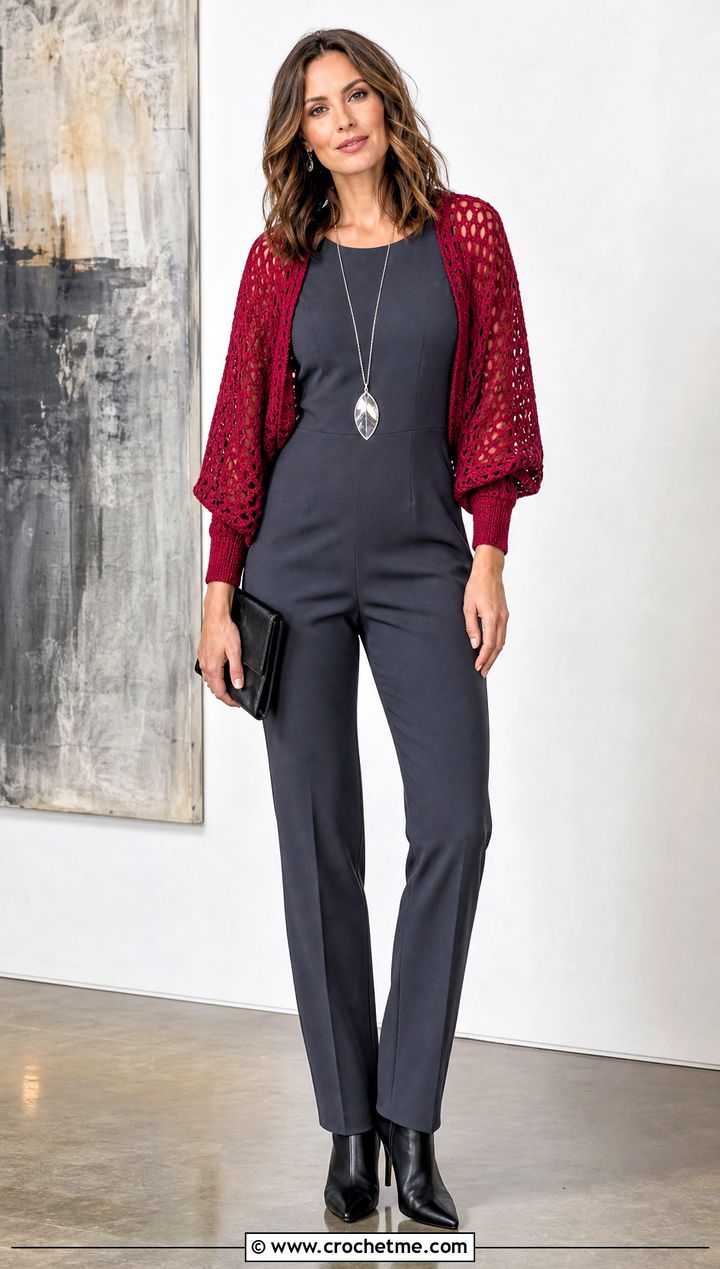 Dolman Crochet Shrug With Fitted Jumpsuit - 30 crochet sweater sleeves outfit ideas