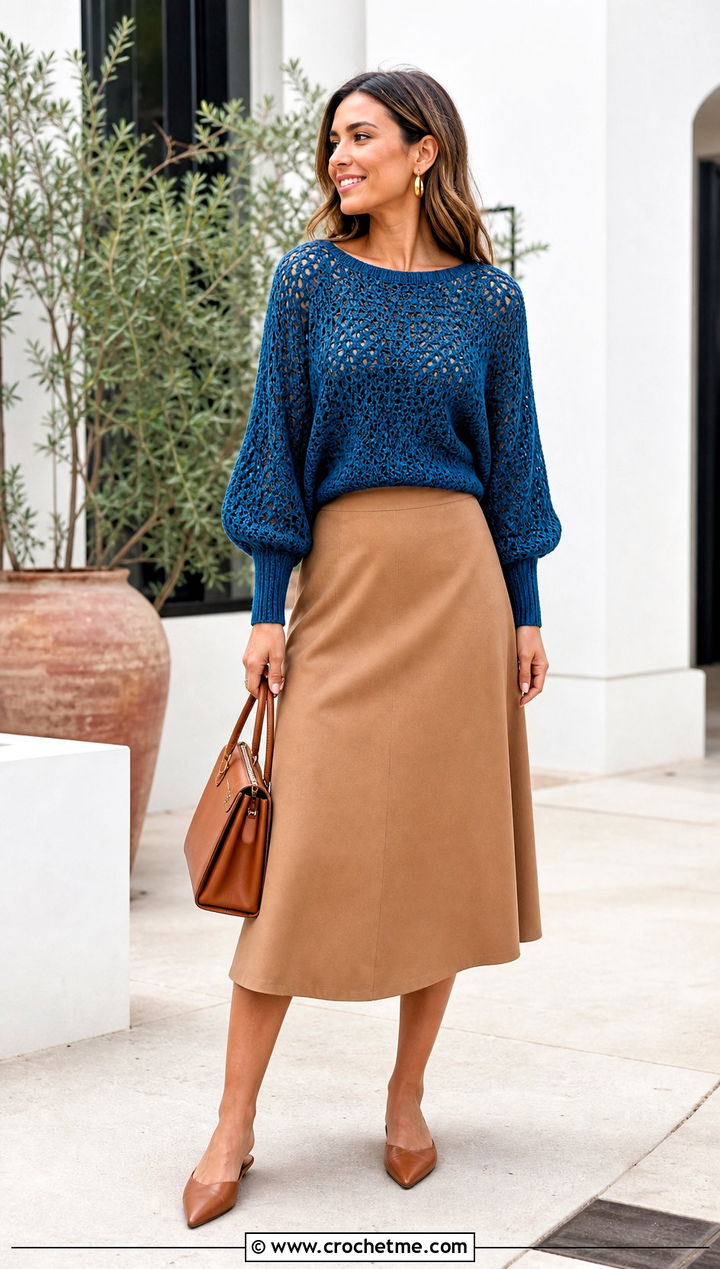 Dolman Crochet Sweater With A Midi Skirt - 30 crochet key sweater outfit ideas