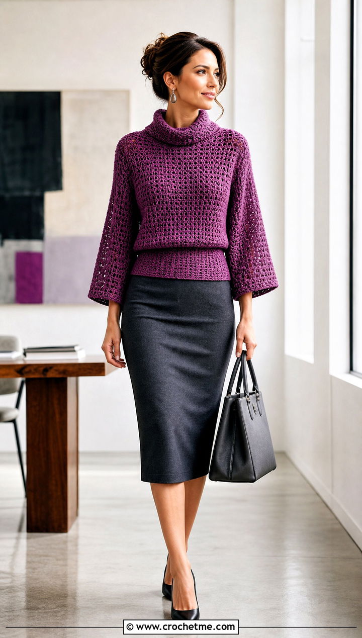 Dolman Funnel Neck Crochet Sweater With Pencil Skirt - 30 crochet high neck sweater outfit ideas
