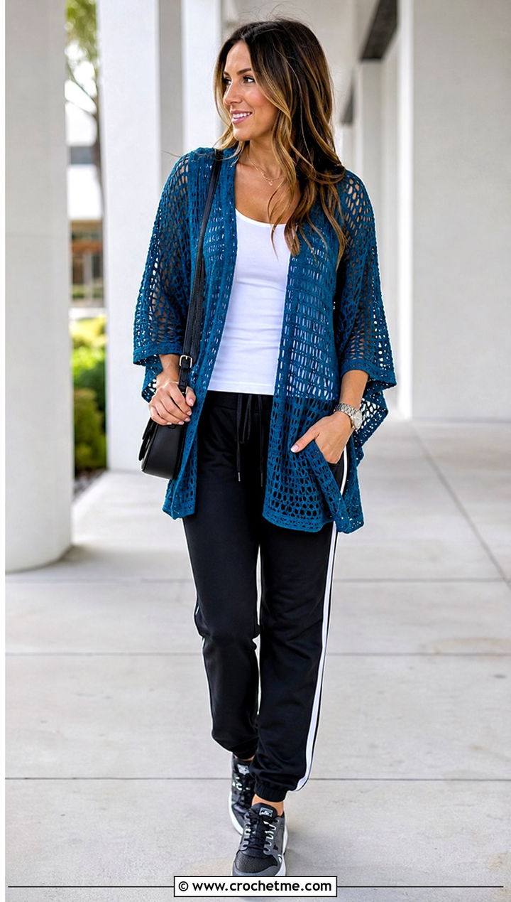Dolman Mesh Crochet Poncho With Track Pants - 25 Mesh Crochet Poncho outfit ideas