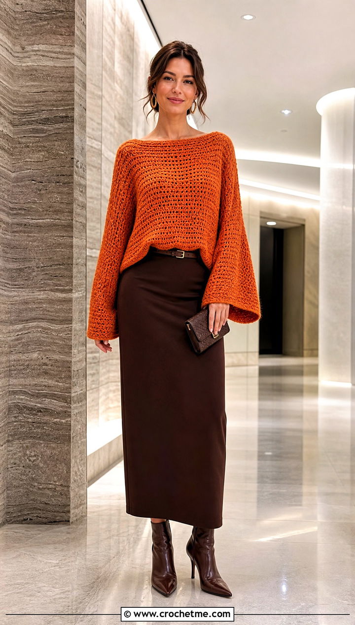 Dolman One Panel Crochet Sweater With Column Skirt - 30 One Panel Crochet Sweater outfit ideas