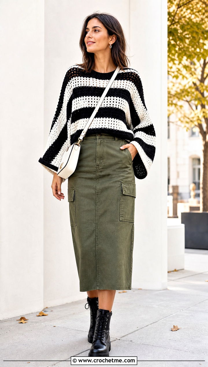 Dolman Sleeve Black And White Striped Crochet Sweater With Utility Skirt - 25 black and white striped crochet sweater outfit ideas