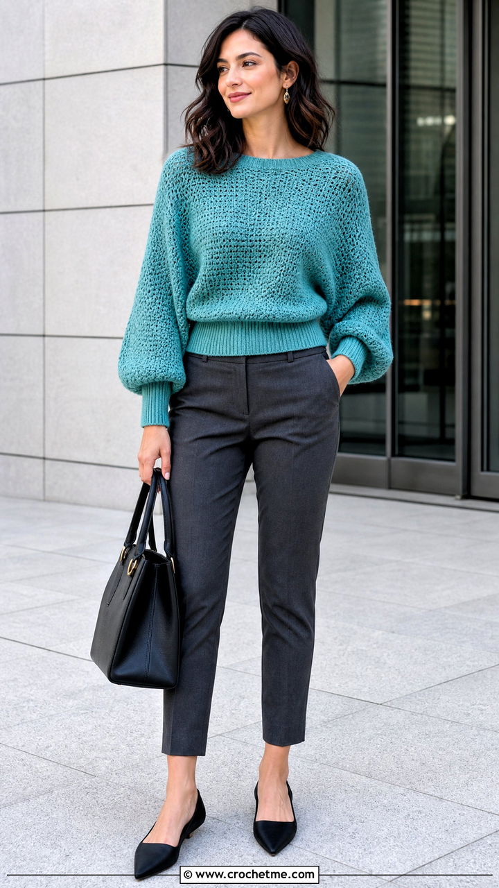 Dolman Sleeve Chunky Crochet Jumper With Cigarette Pants - 35 chunky crochet jumper outfit ideas