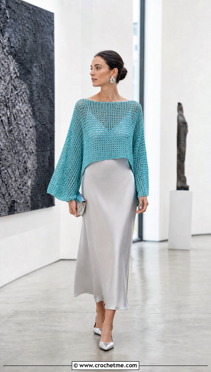 Dolman Sleeve Crochet Boat Neck Top Over A Slip Dress - 35 crochet tops with sleeves outfit ideas