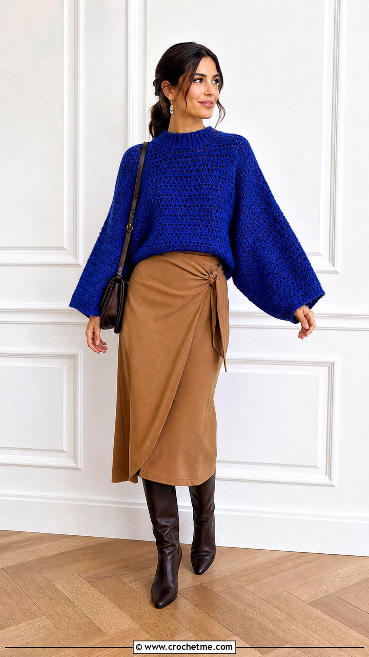 Dolman Sleeve Crochet Chunky Sweater With Wrap Skirt - 35 crochet chunky sweater outfit ideas