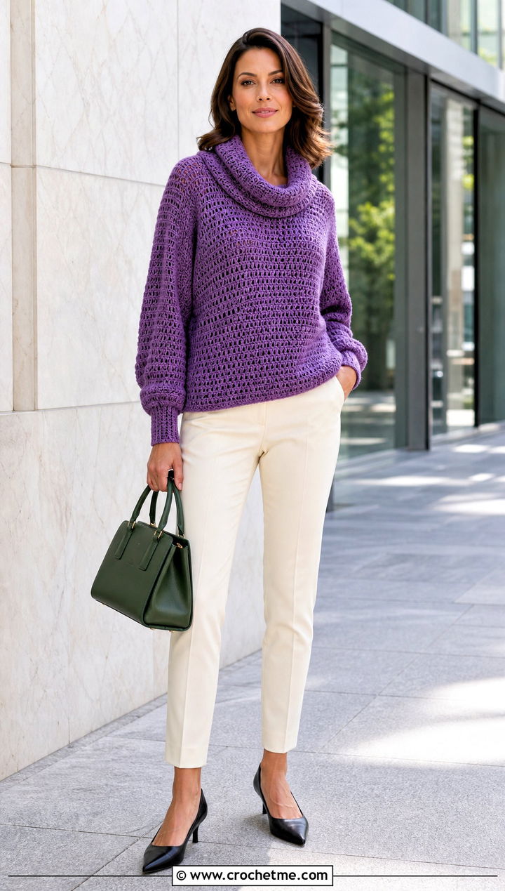 Dolman Sleeve Crochet Cowl Neck Sweater With Cigarette Pants - 25 Crochet Cowl Neck Sweater outfit ideas
