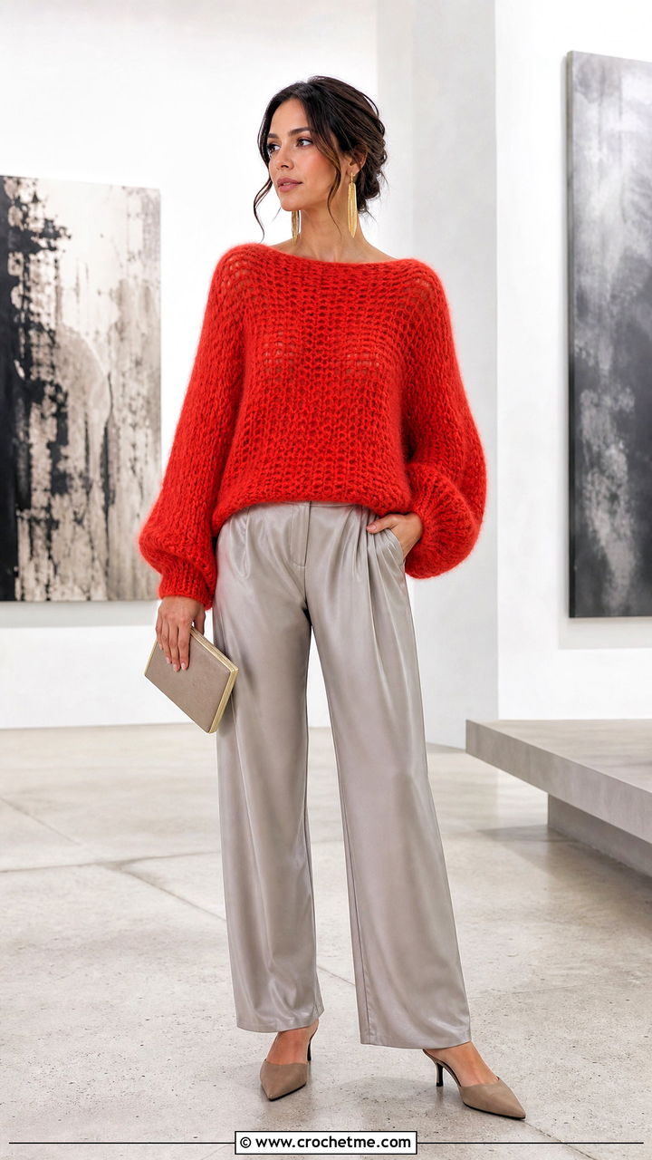 Dolman Sleeve Crochet Fluffy Sweater With Silk Trousers - 35 crochet fluffy sweater outfit ideas