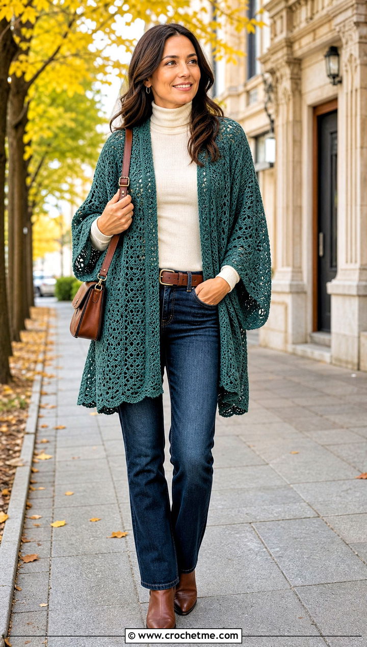 Dolman Sleeve Crochet Kimono Cardigan With Turtleneck And Jeans - 35 crochet kimono cardigan outfit ideas