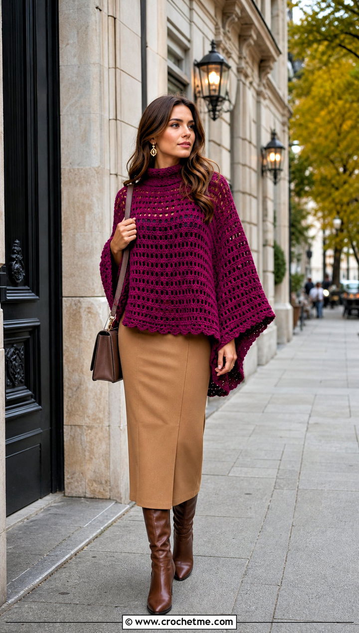 Dolman Sleeve Crochet Poncho Sweater With Slim Midi Skirt - 35 crochet poncho sweater outfit ideas