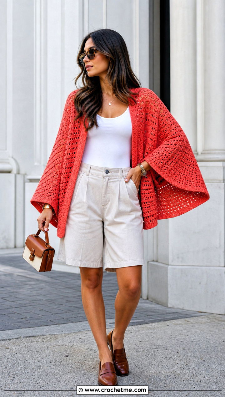 Dolman Sleeve Crochet Poncho With Sleeves And Tailored Shorts - 30 crochet poncho with sleeves outfit ideas