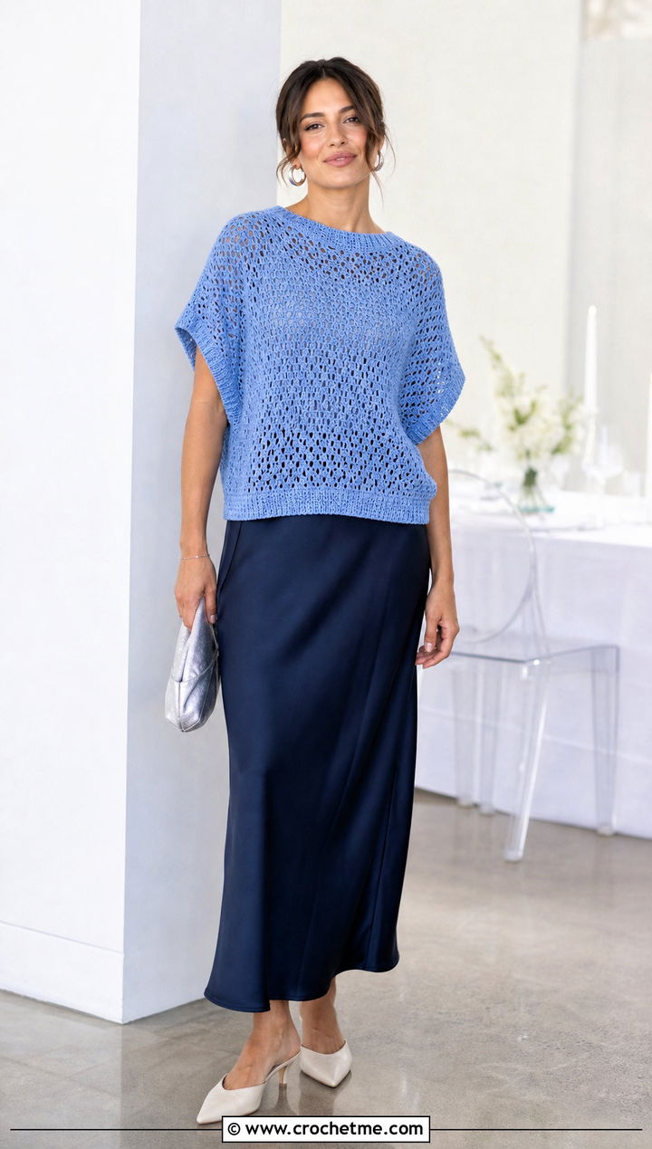 Dolman Sleeve Crochet Short Sleeve Sweater With Slip Skirt - 25 Crochet Short Sleeve Sweater outfit ideas