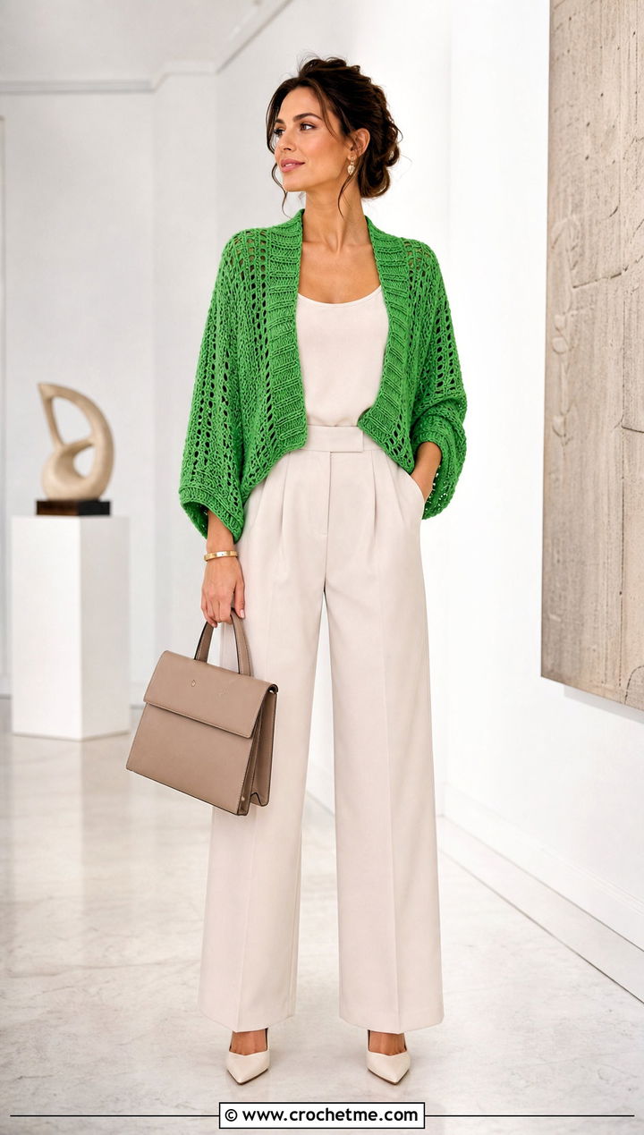 Dolman Sleeve Crochet Shrug With Monochrome Trousers - 25 Crochet Shrug Cardigan outfit ideas