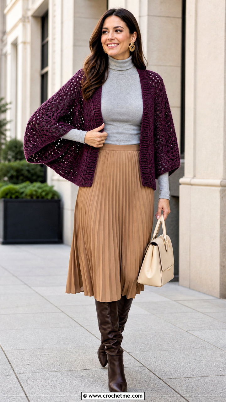 Dolman Sleeve Crochet Shrug With Turtleneck and Midi Skirt - 35 crochet shrugs outfit ideas