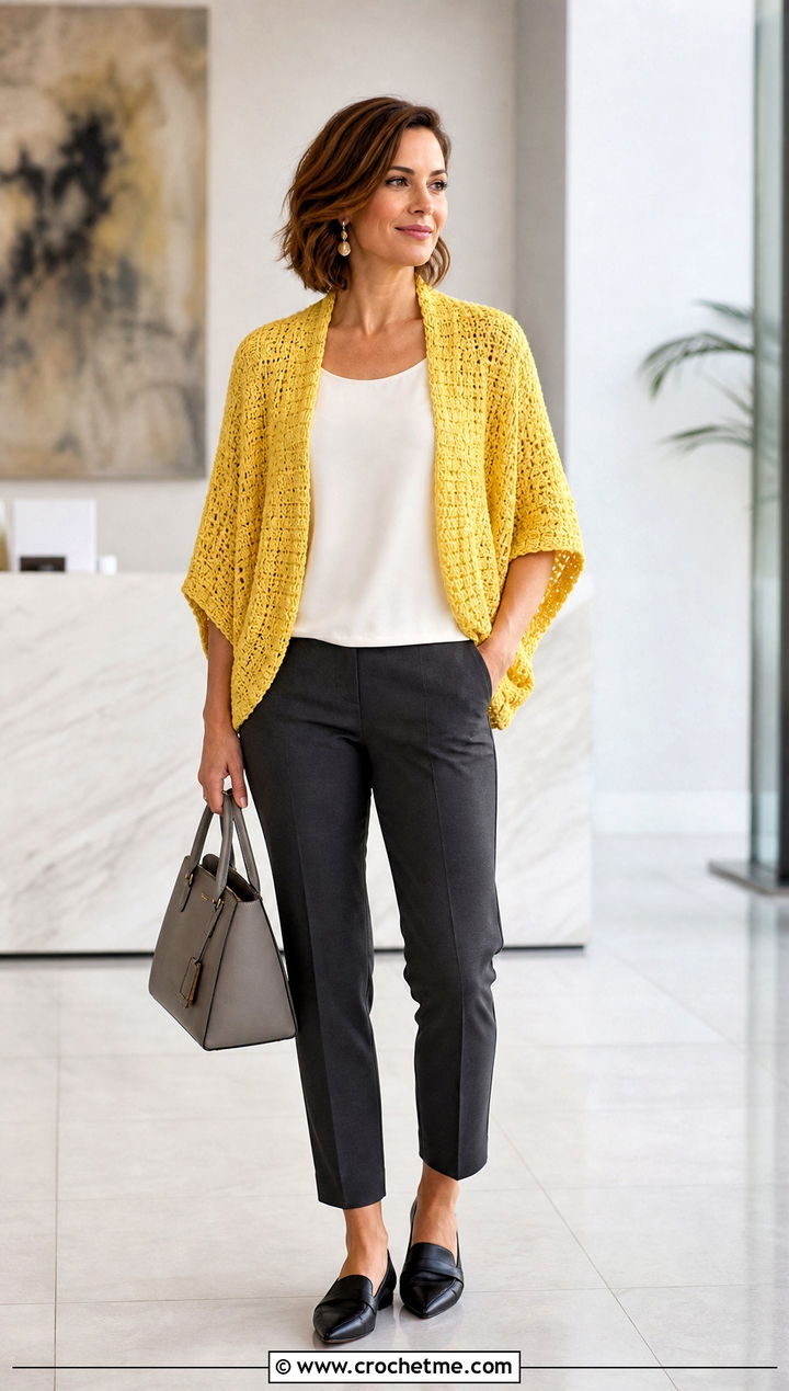 Dolman Sleeve Crochet Shrug Wrap With Slim Pants - 25 crochet shrug wrap outfit ideas