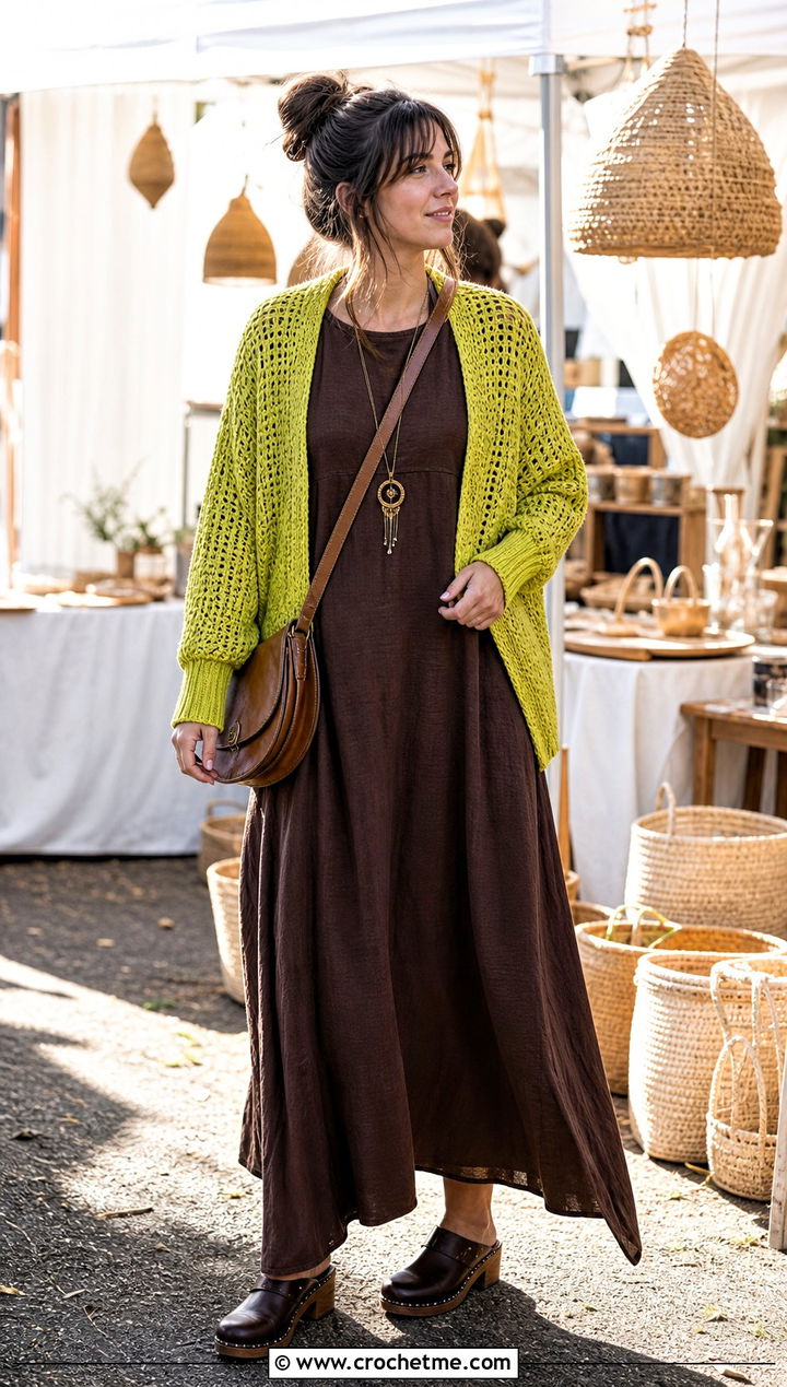 Dolman Sleeve Crochet Slouchy Cardigan With Maxi Dress - 20 Crochet Slouchy Cardigan outfit ideas